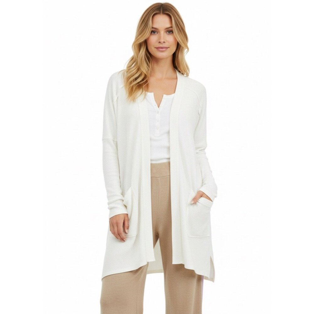 Free People White Waffle Knit Relaxed Cardigan | Coastal Grandmother Soft Girl L - Picture 3 of 16